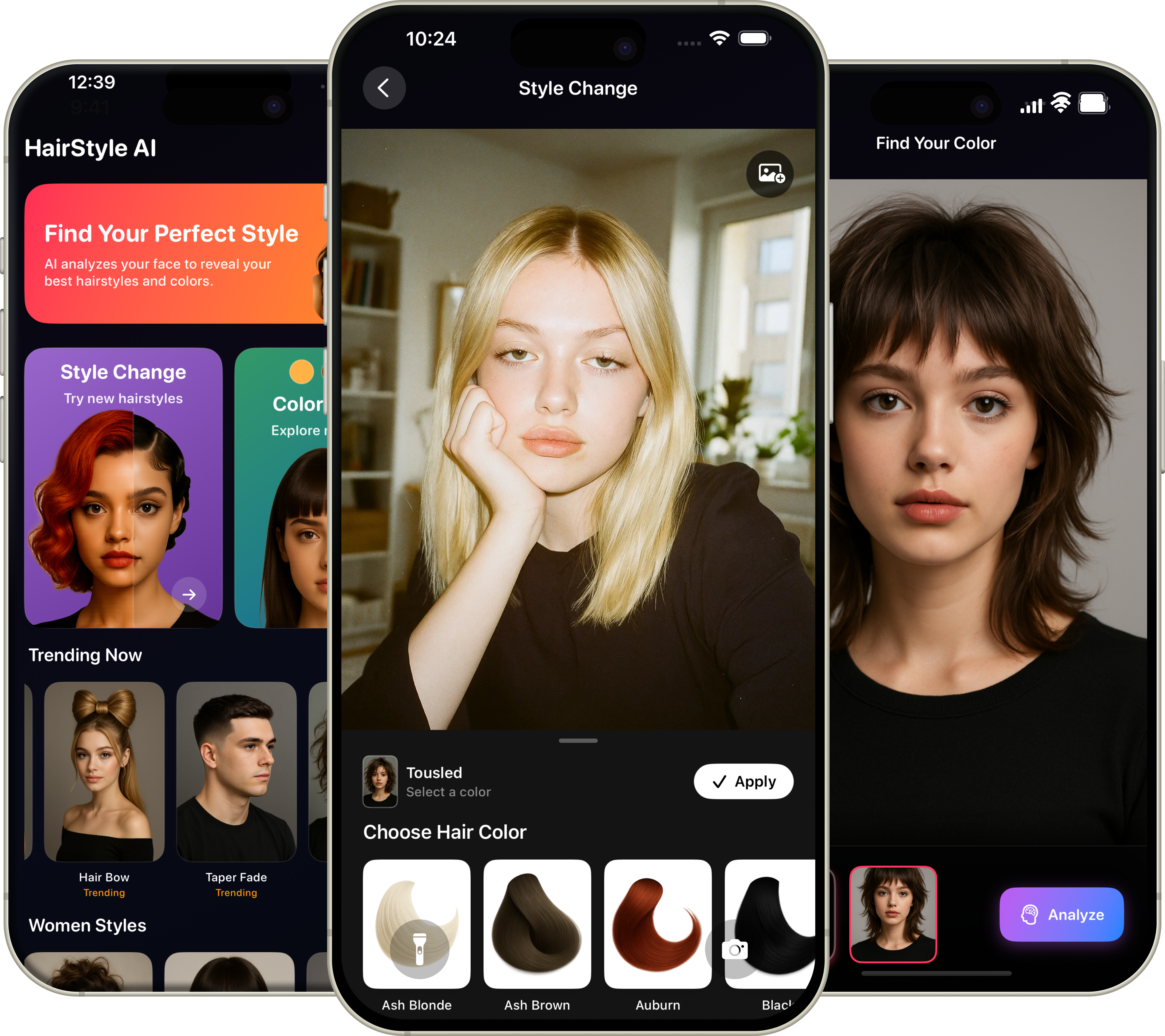 AI Hairstyle Try-on app showing multiple features - style finder, color change, and hair analysis
